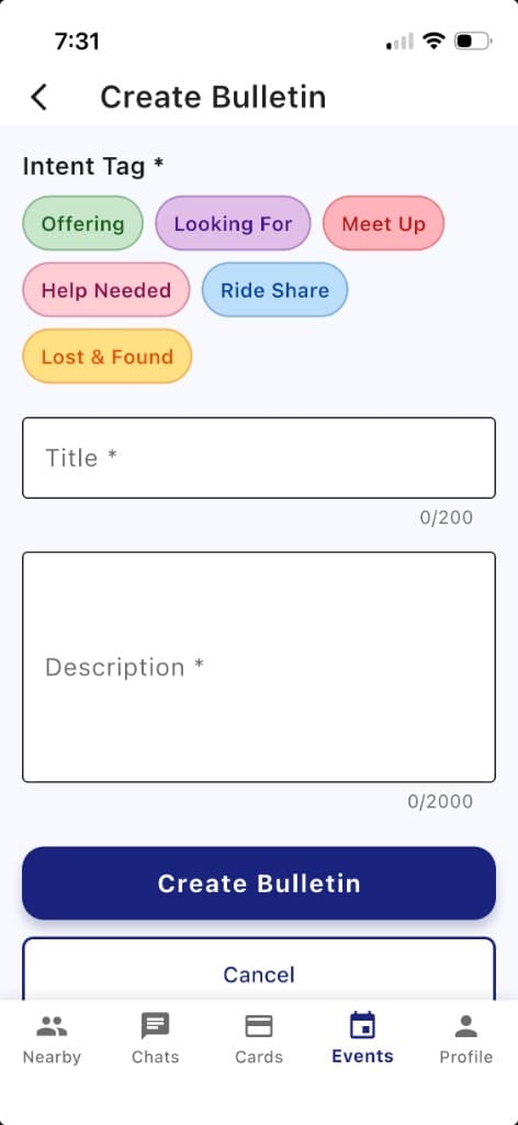 Wyrl mobile app Create Bulletin form with intent tag, title, and description for a 30-minute local post
