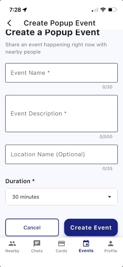 Wyrl mobile app Create Popup Event form with name, description, location label, and duration up to two hours